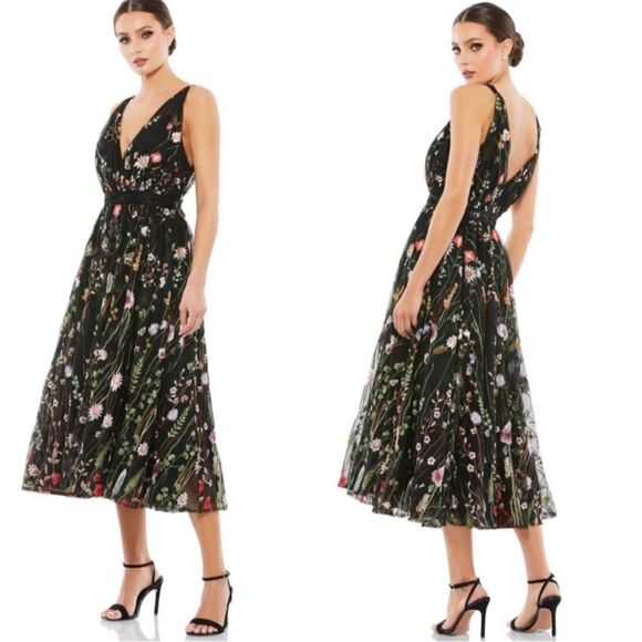 Mac Duggal Ieena 26557 V Neck Embroidered Midi Dress...